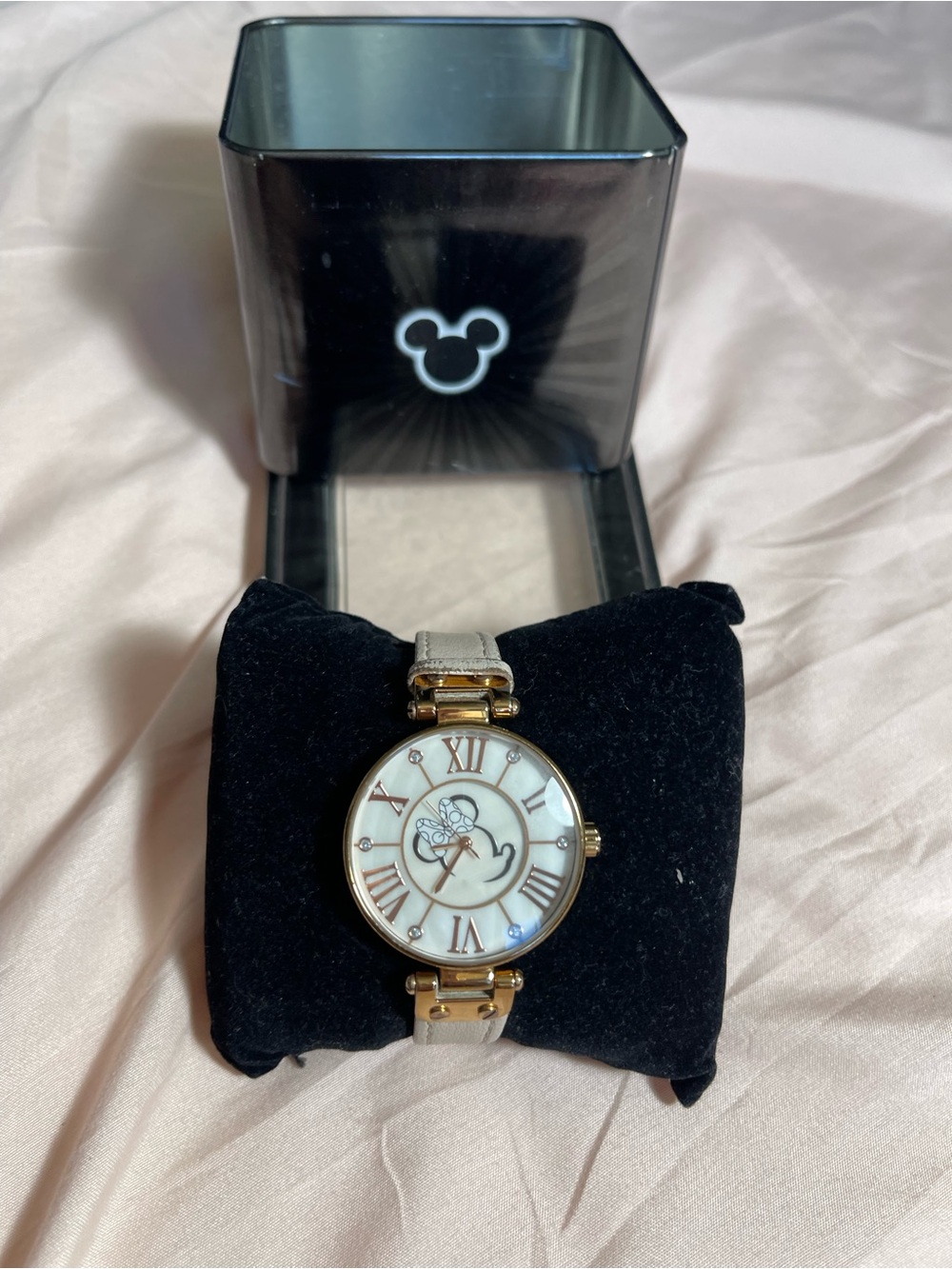 Disney Gold-Tone Watch with White Dial and Beige Strap